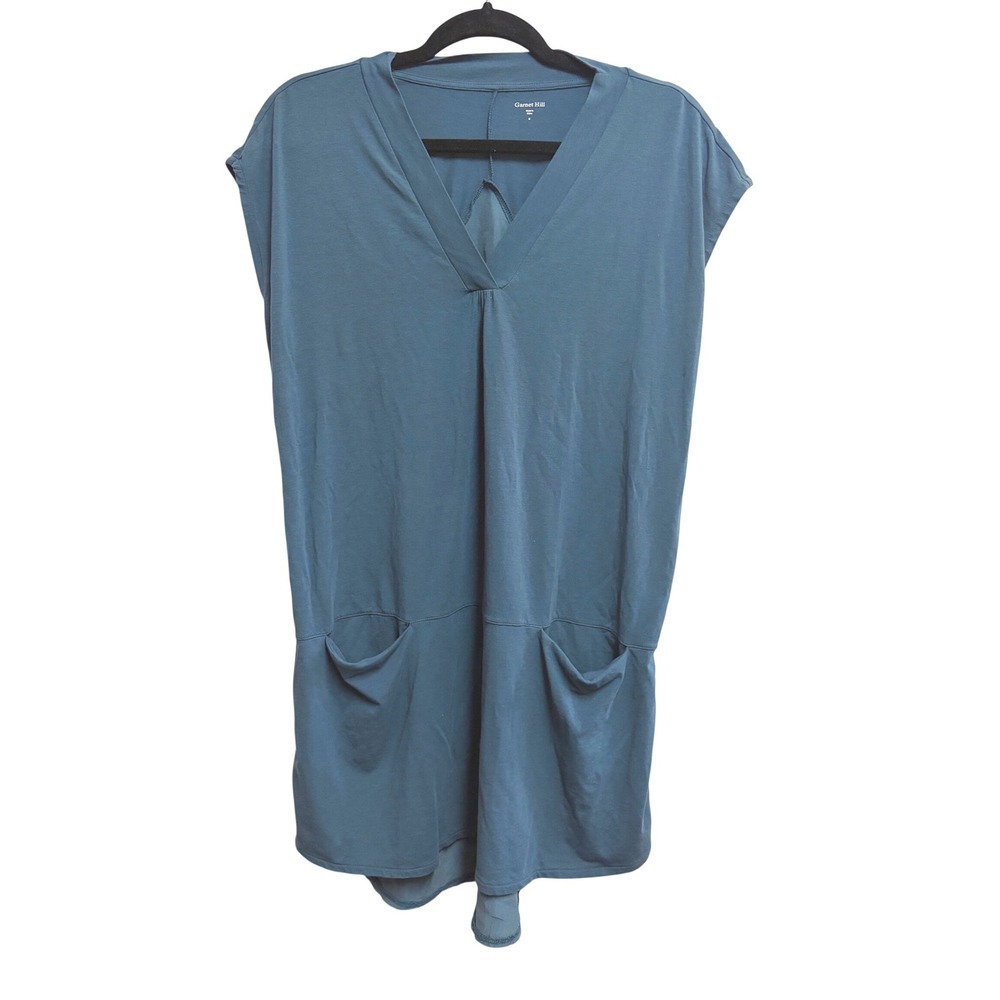 Garnet Hill V-Neck Silk Back Pocket Tunic Teal Blue Knit Silk Mixed Media S